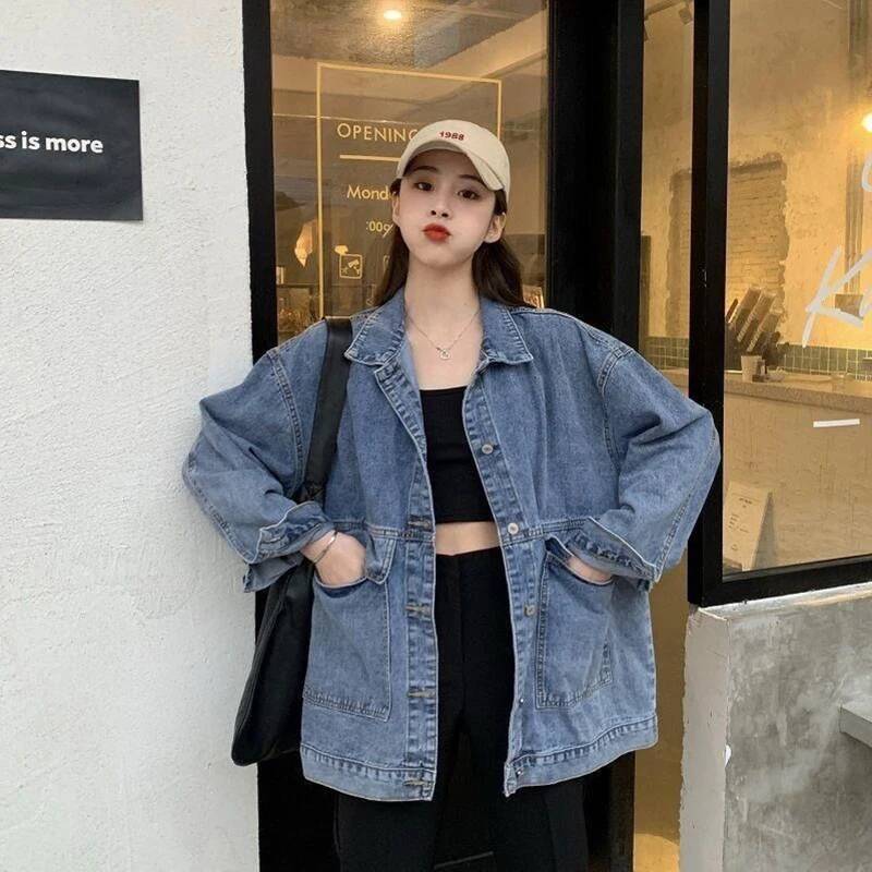 Spring Women Denim Jacket Korean Long Sleeve Loose Jeans Coat Woman Bf Unisex Wild Big Pockets Buttons Outerwear