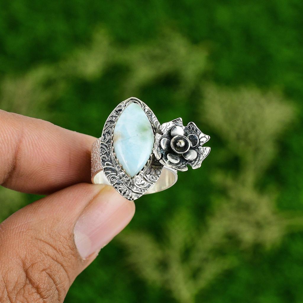 Wedding Gift For Her 925 Silver Natural Larimar Multi Stone Flower Ring Size 8