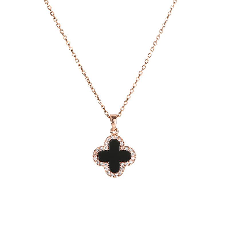 Titanium Steel Necklace Women's 18k Rose Gold Diamond Four-leaf Clover Pendant Niche Light Luxury Black Shell Clavicle Chain Temperament Neck Chain