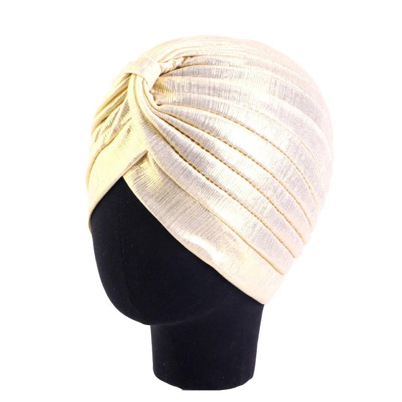 Nové dámské zlaté stříbrné turbanové čepice chemo bandana hidžáb plisovaná indická čepice turbante klobouk dámský šátek na vlasy muslimská pokrývka hlavy