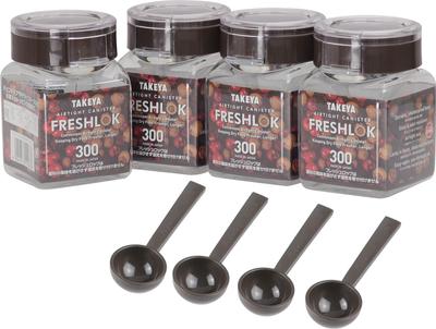 [Takeya Official] Fresh Lock Square 300 ml [4er-Set] Anthrazitbrauner Vorratsbehälter mit Löffel, sehr luftdicht, TAKEYA