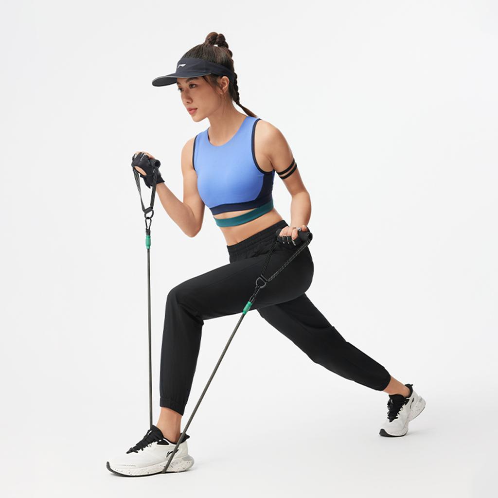 Li Ning Fitness Series Casual Simple Solid Color Comfortable Letter Mid Waist Tapered Knit Sports Pants Women pants Black AYKV090-1