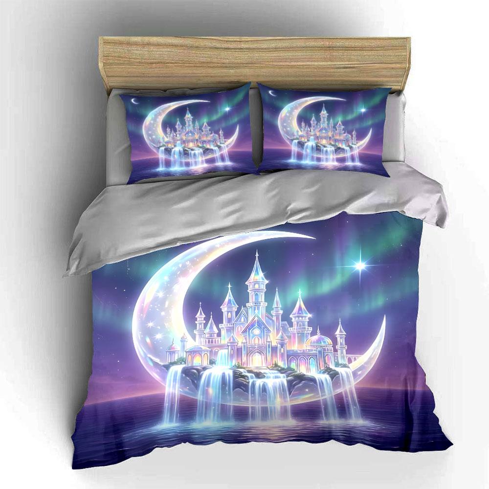 Dreamlike Castle Floating On Crescent Moon Duvet Cover Set With 3D Printing Design Soft Polyester Bedding Set All-Season Comfort
