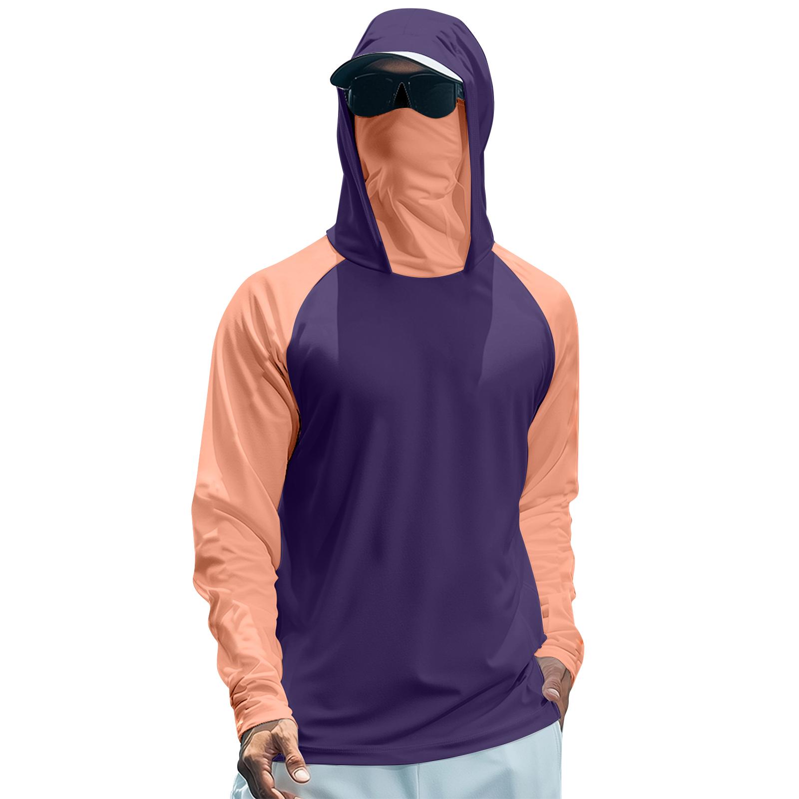 

Мужская летняя футболка с длинным рукавом, быстросохнущая, с цветными вставками, солнцезащитная одежда, для рыбалки, фитнеса, спорта, с капюшоном, с длинным рукавом L фиолетовый