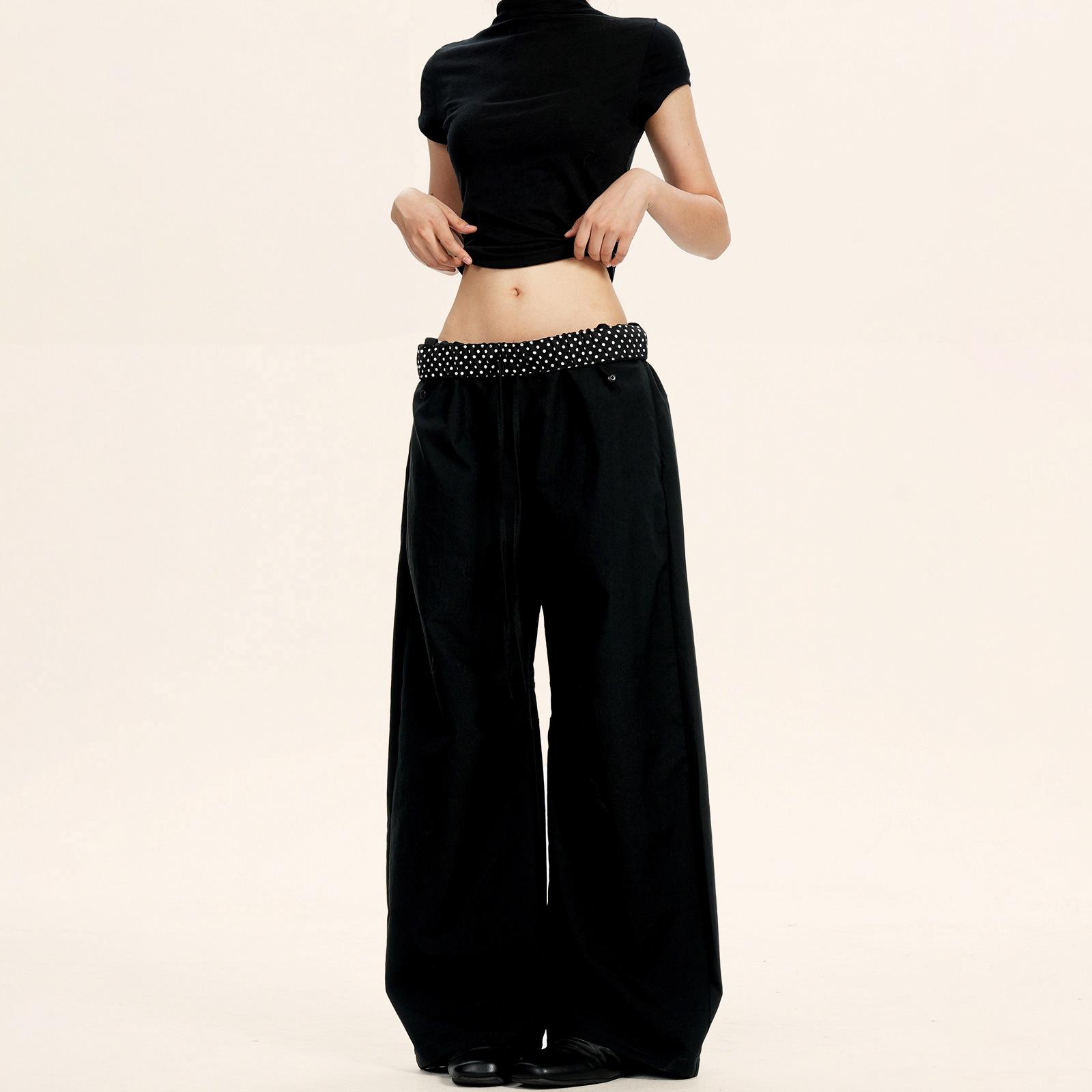 Yongfang Unisex Black & White Polka Dot Wide Leg Elastic Waist Pants Small