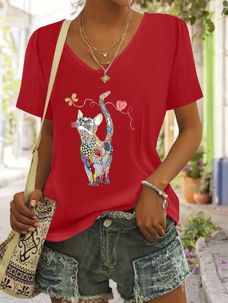 2026 New Summer Women's Fashion T-Shirt Short Sleeve 3D Cat Print Top Tees V-Neck Casual Woman Graphics Clothes Women's Clothing