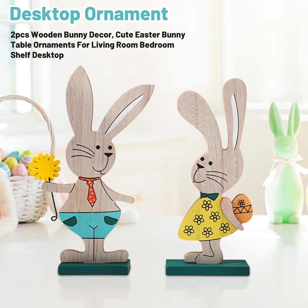 2pcs Wooden Bunny Decor, Cute Easter Bunny Table Ornaments For Living Room Bedroom Shelf Desktop