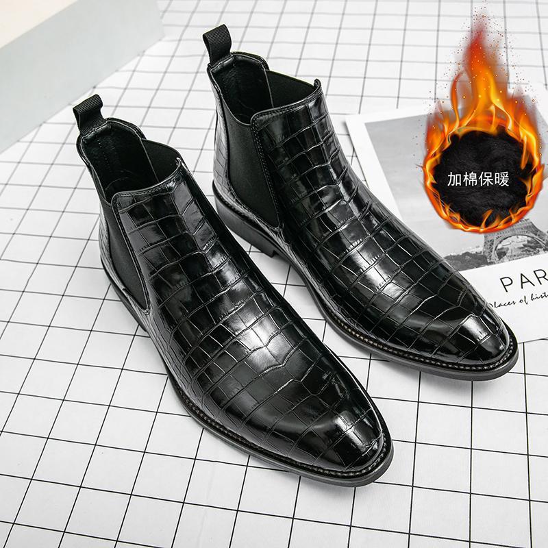 Large Size Leather Boots Crocodile High Top Cotton Shoes Business Leather Shoes Fleece Chelsea Boots