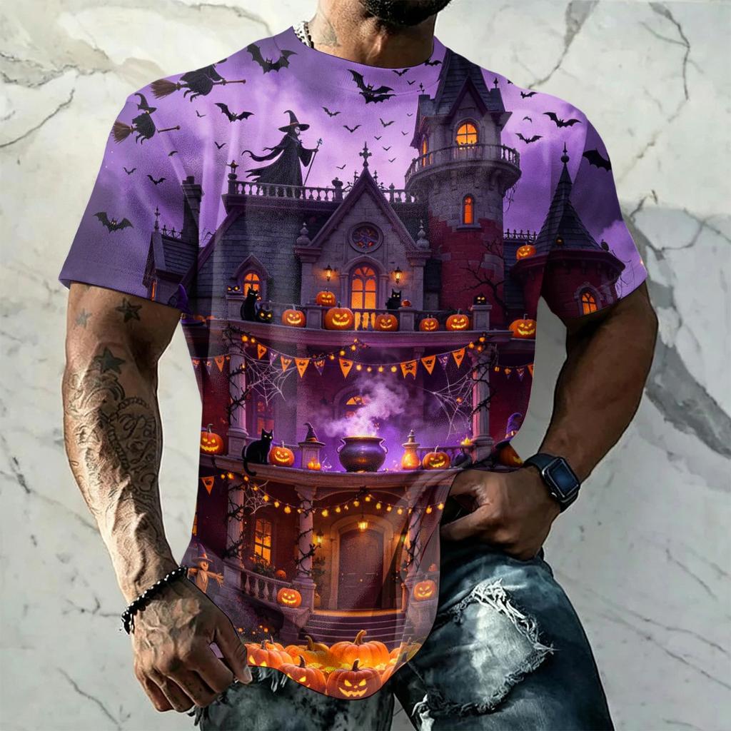 Men's Short Sleeve T-Shirt with Halloween Print Retro Texture Loose Fit Summer Streetwear Casual Top