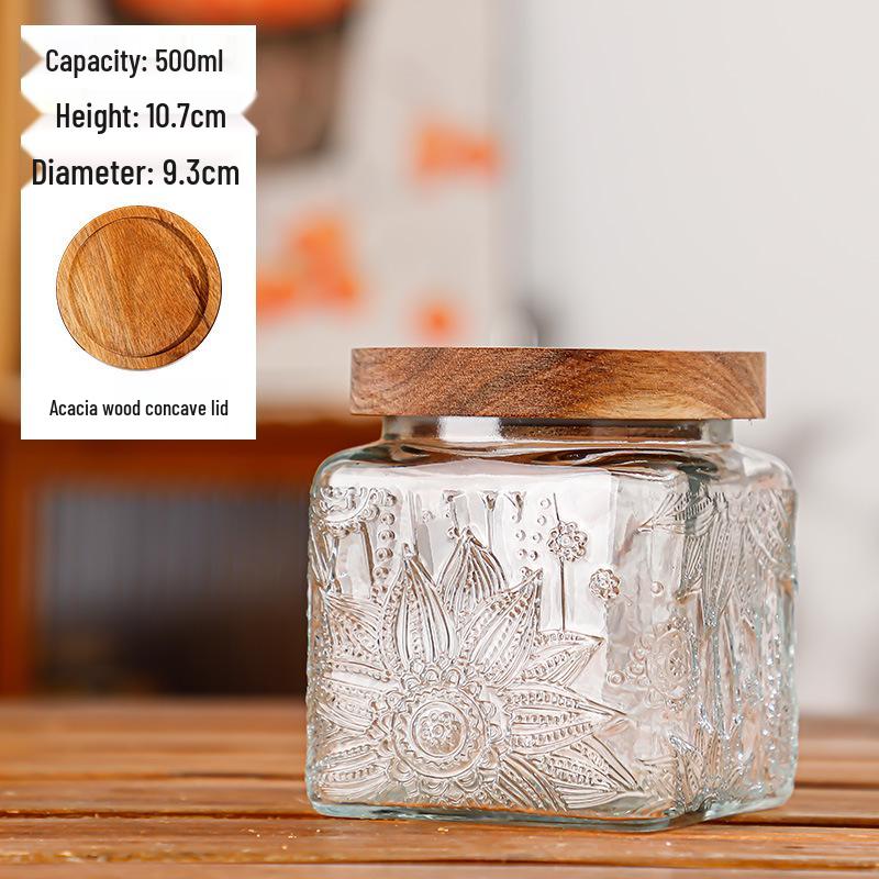 Retro Carved Storage Jar with Acacia Wood Lid for Grains, Dried Fruits, and Snacks