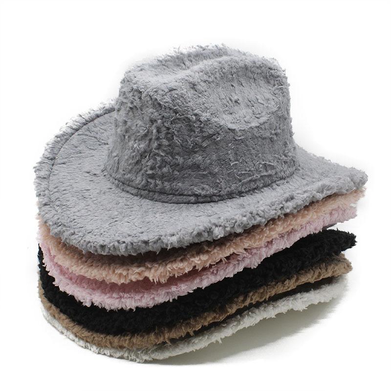 Plush Western Cowboy Hat Woolen Hat Men'S And Women'S Top Hats Big Eaves Thermal Felt Hat