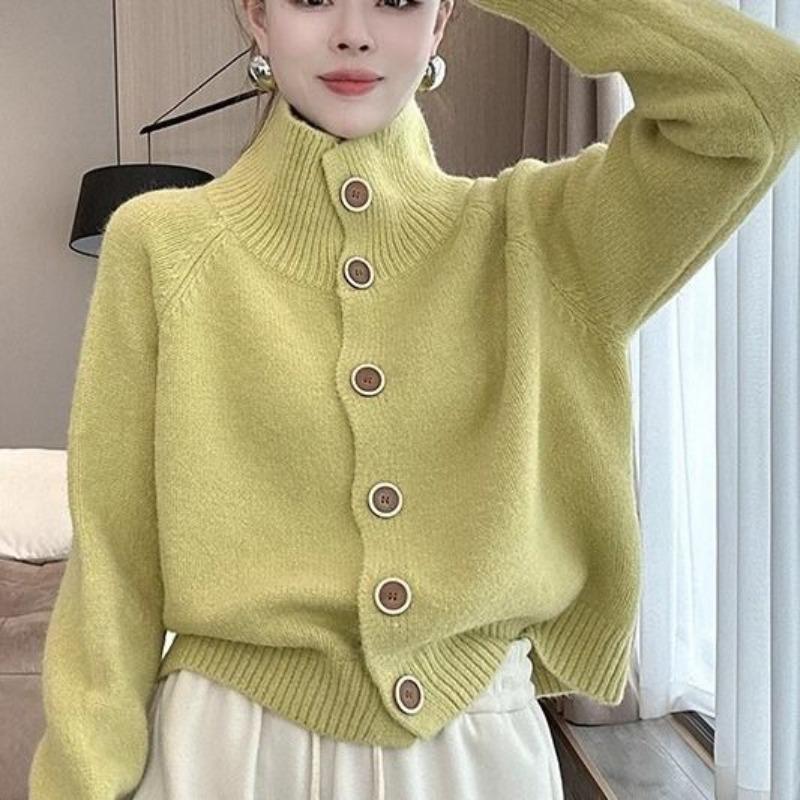 Women's New Women Knitted Autumn and Winter High Neck Top Lazy Style Knitted Sweater Cardigan Jacket
