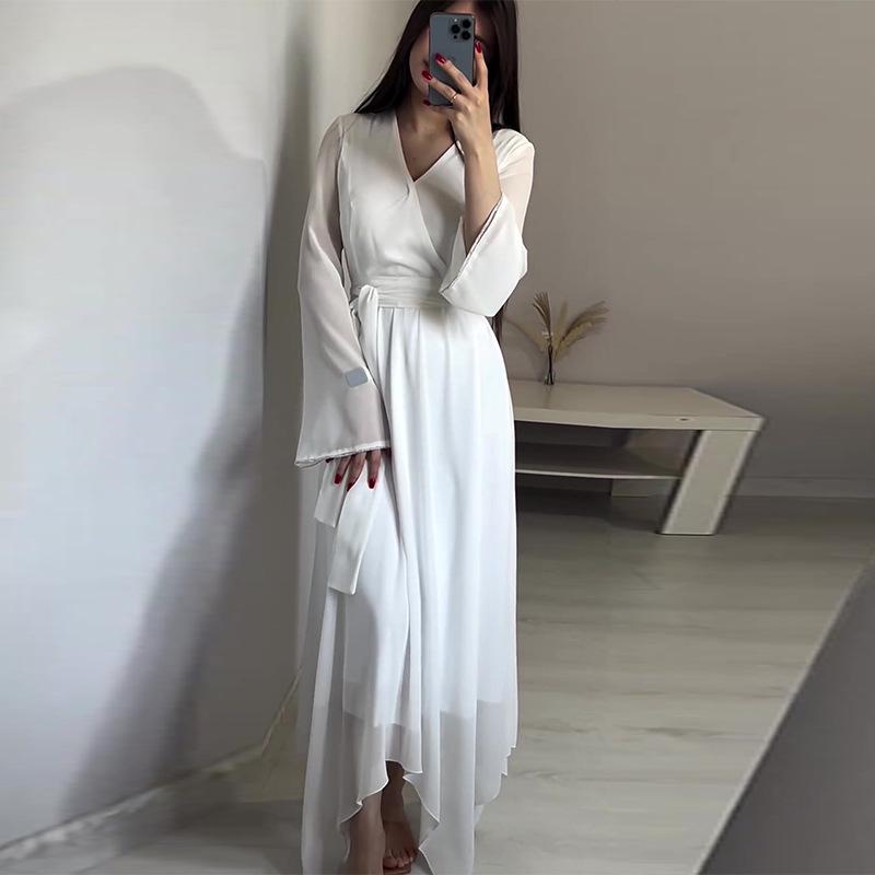 

2024 Элегантное женское длинное платье с V-образным вырезом и завязкой на талии, однотонное XXL белый