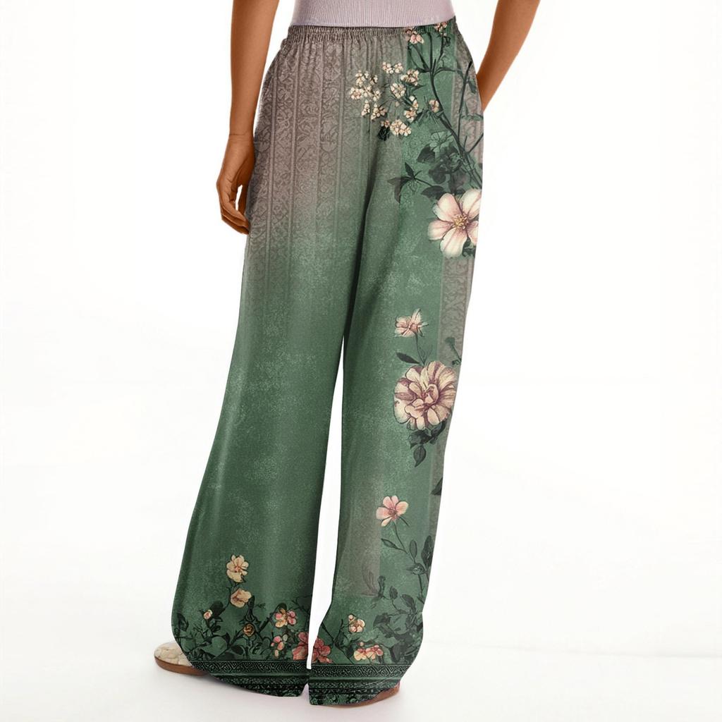 Damen Lockere Lässige Hose mit Blumenmuster, Weitem Bein, Elastischem Bund, Kordelzug und Taschen