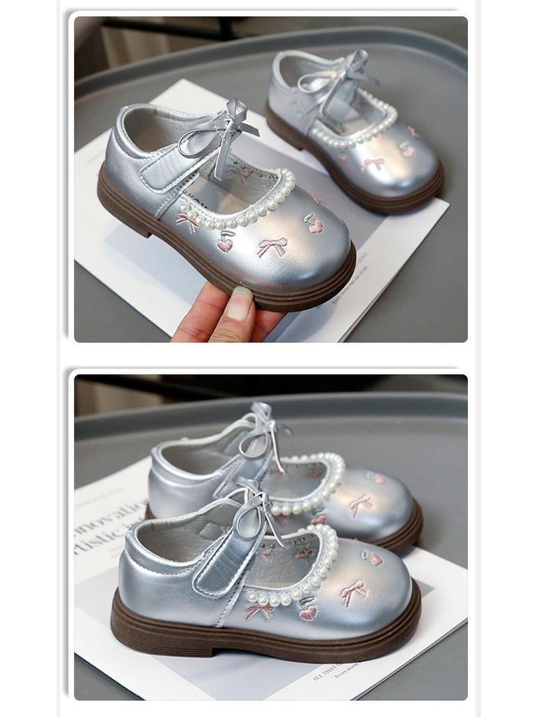 Cherry Leather Bowknot Princess Shoes for Girls - Soft Sole Pearl Trim Flats