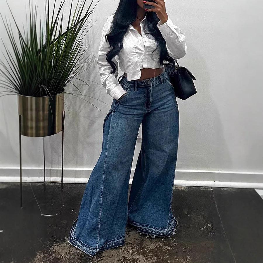 Women's American Retro Wide Leg Distressed Patchwork Jeans
