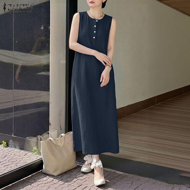 ZANZEA Lässiges, ärmelloses Kleid mit Rundhalsausschnitt und einfarbigem Muster für Damen