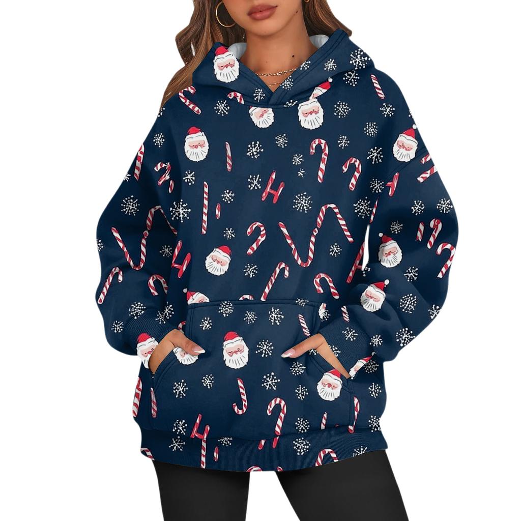 Women's Fashion Long Sleeve Hooded Christmas Printed Top Sweatshirt