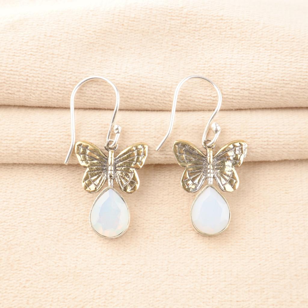 Milky Opal Gemstone 925 Sterling Silver Jewelry Handmade Earrings 1.3" For Women EE-155-16