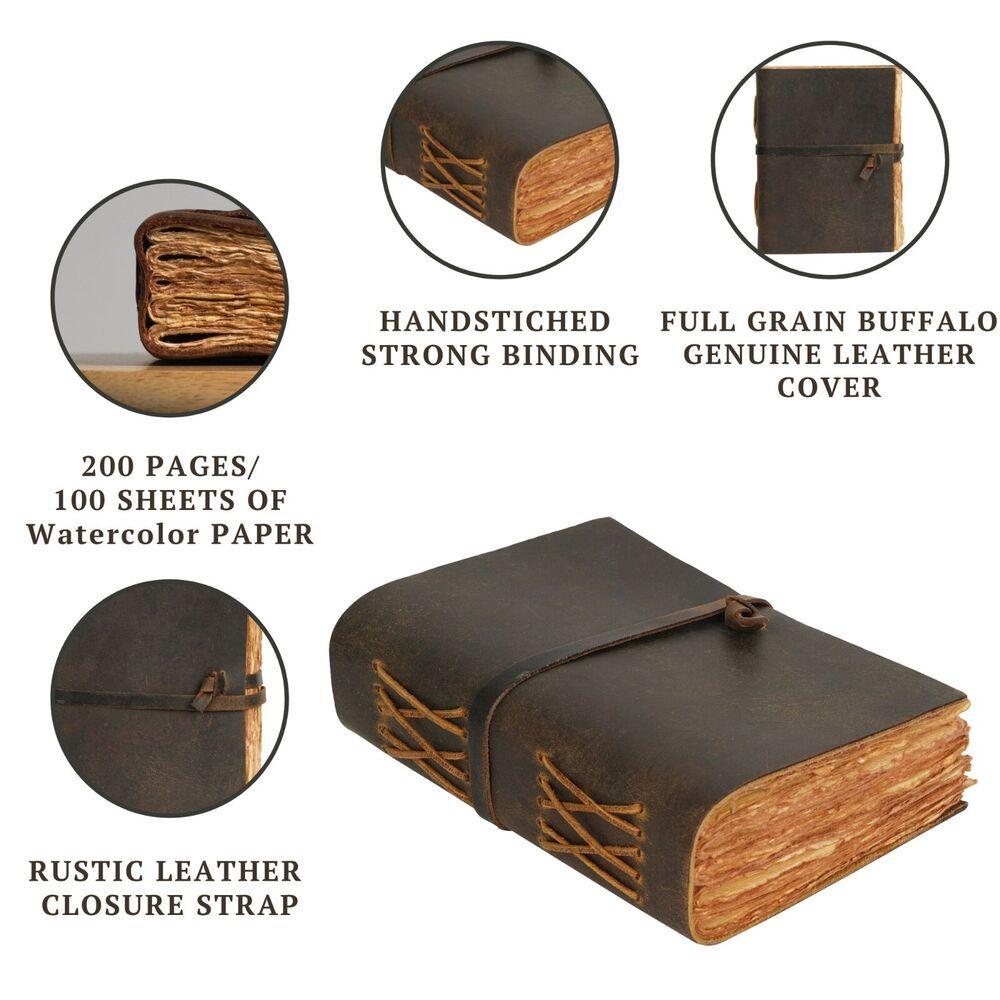 Antique Leather Journal, Brown, A6, - Deckle Edges Watercolor Paper Sketchbook