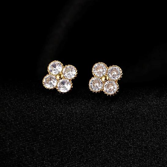 925 Silver Plated Four-leaf Clover Stud Earrings for Women Sparkling Shiny 5A Zircon Lucky Earrings Exquisite Banquet Jewelry