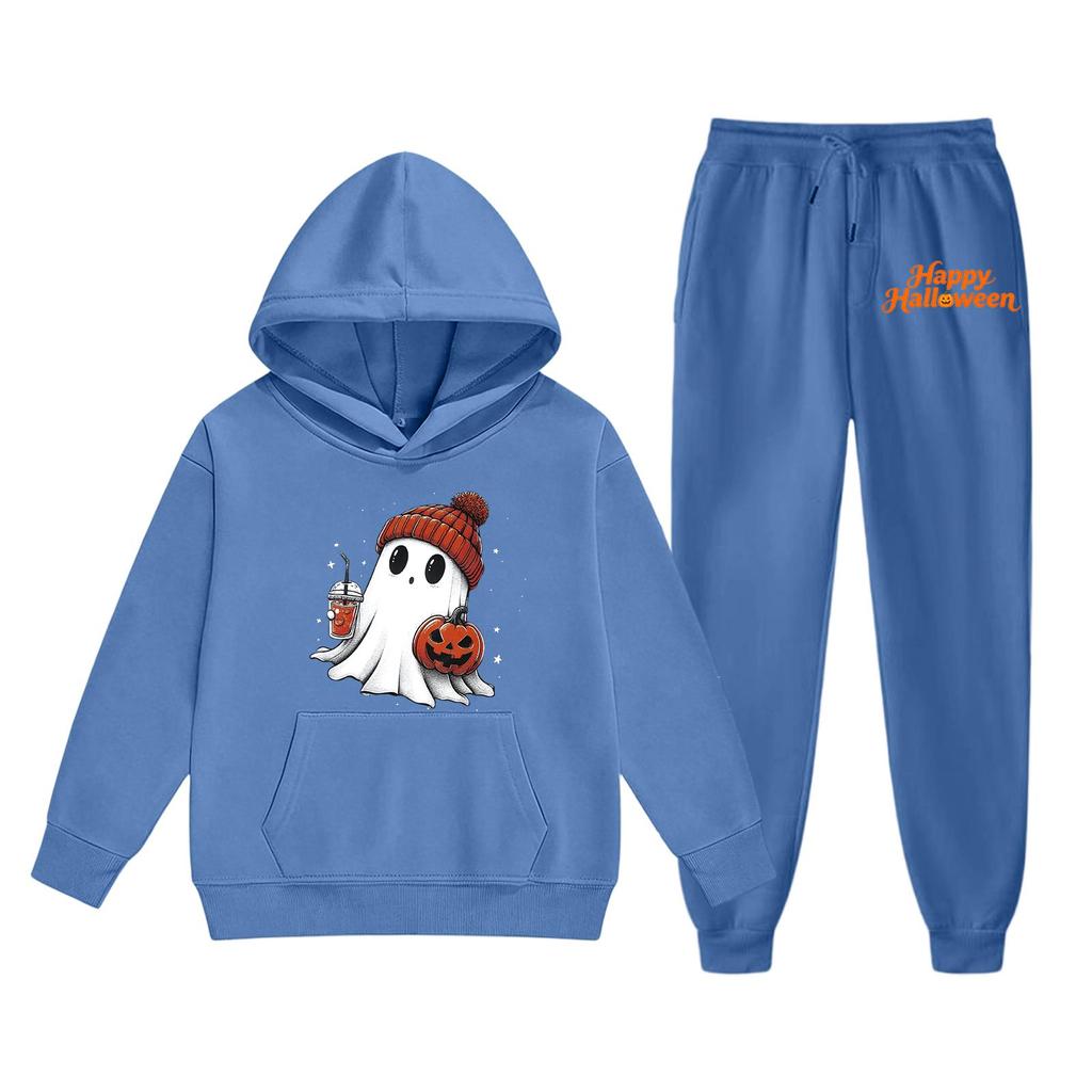 Kids Halloween Hoodie and Pants Set Soft Comfortable Fabric Long Sleeve Pullover with Ghost Pumpkin Print Suitable for Fall and Halloween Events