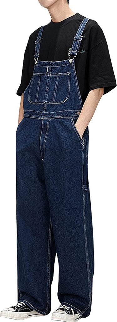 Kayiyasu American Casual Denim Zippered Wide Long Sizes Men's Overalls, 97% Cotton, Flexible, Front, Leg, Length, XS-2XL (Navy, L)