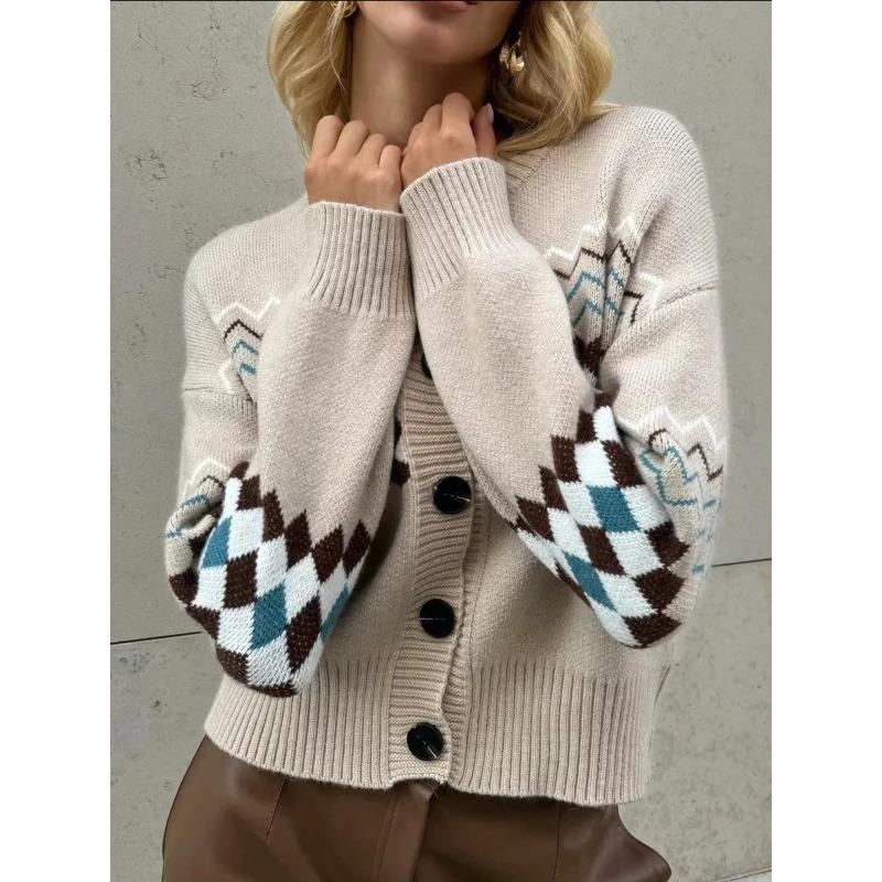Casual Diamond Jacquard Knit Cardigan Sweater Female Fall and Winter Lazy Wild Fashion Long-sleeved Top Tide