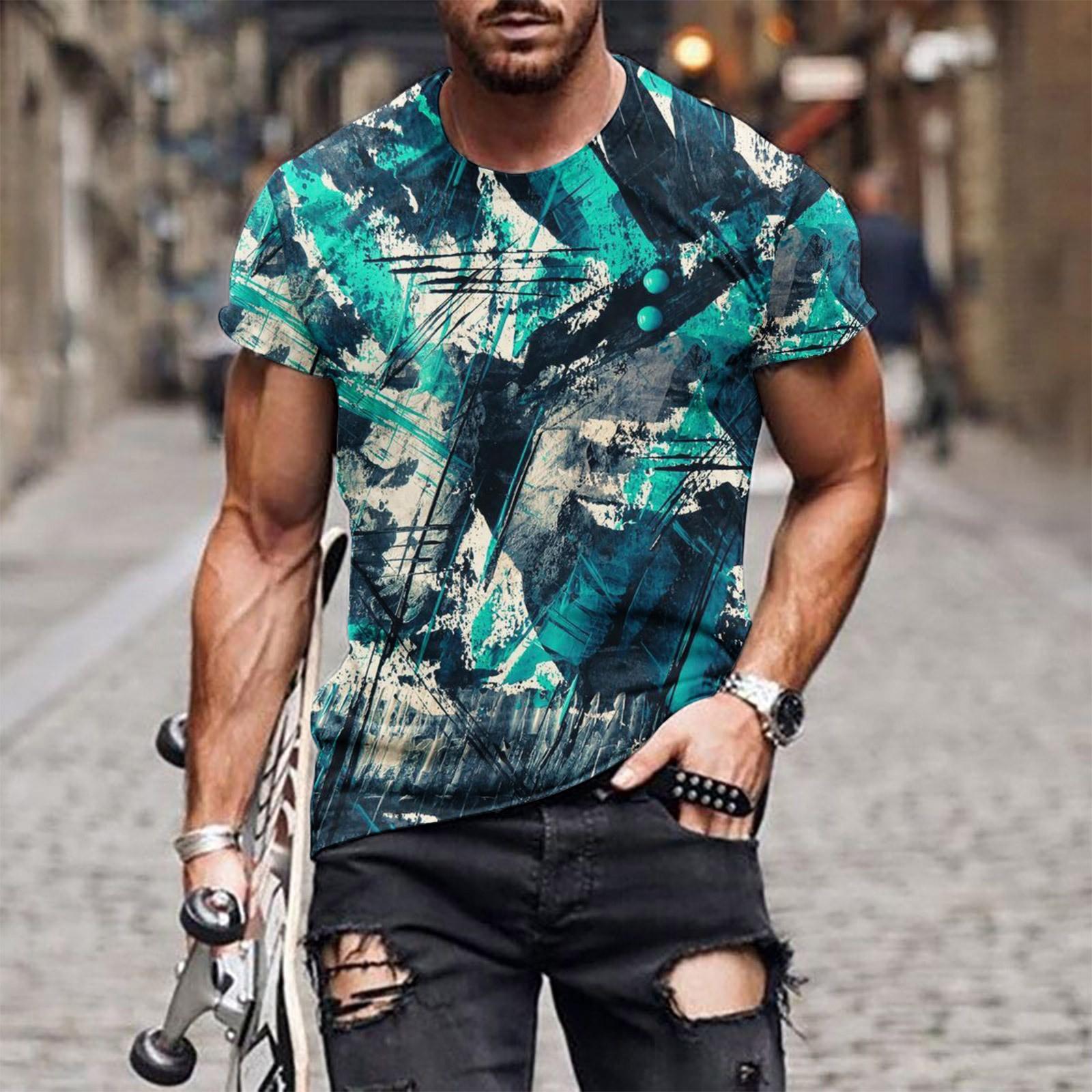 

Повседневная футболка с короткими рукавами в европейском и американском стиле с круглым вырезом в этническом стиле и принтом в стиле ретро XXXXXXL синий