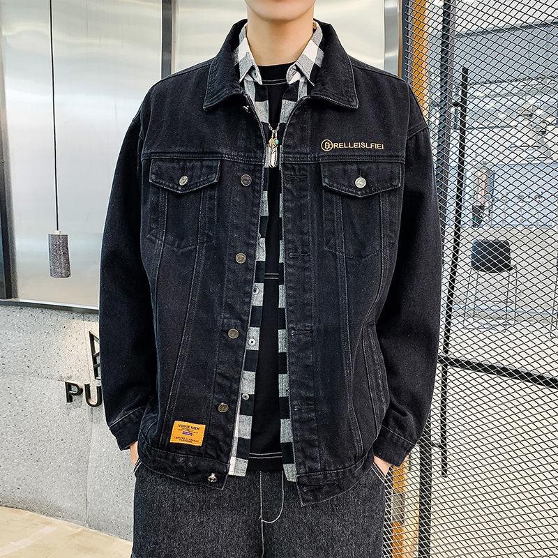 Denim Jacket Men Distressed Turn Down Collar Coats Single Breasted Washed Outerwear Loose Fit Pockets