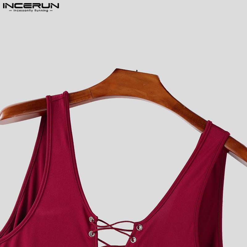 INCERUN Macacões Bodysuits Justos Sem Mangas Vazados com Bandagem e Renda com Cordões Masculinos