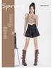 2024 Autumn/Winter Women's High Waist V-Shape PU Leather A-Line Shorts - Korean Style Casual Slimming Wide-Leg Booty Shorts