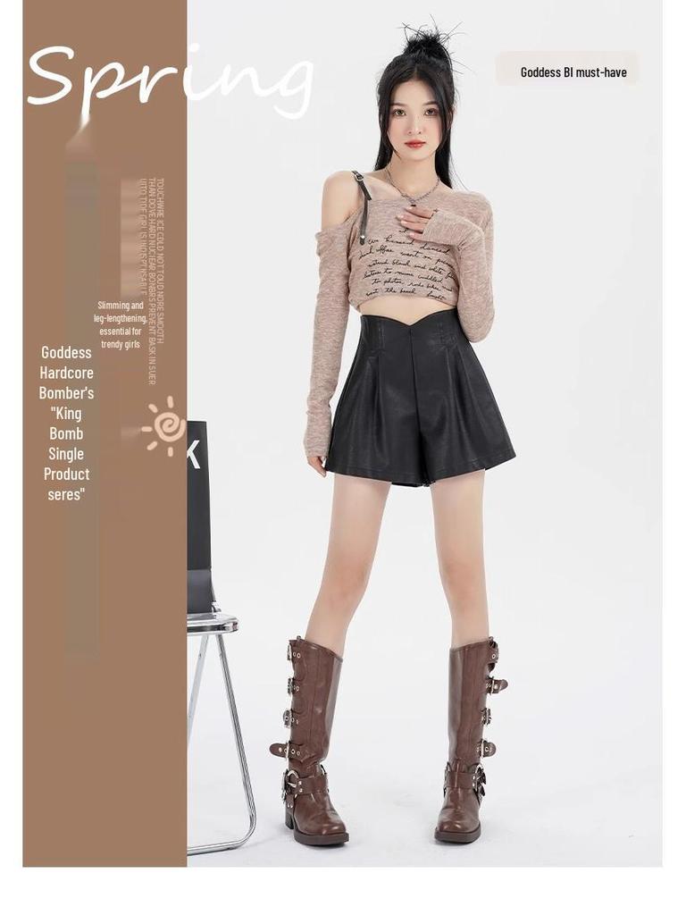 2024 Autumn/Winter Women's High Waist V-Shape PU Leather A-Line Shorts - Korean Style Casual Slimming Wide-Leg Booty Shorts
