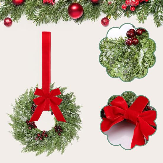 Christmas Wreath for Windows 10 Inch Small Artificial Greenery Wreath with Berries And Red Bow for Winter Fireplace Home Decor