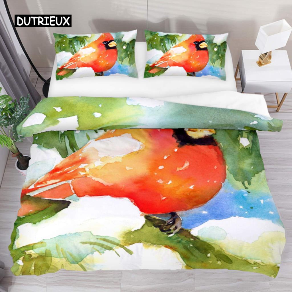 Kardinal Bettbezug Set Roter Vogel Bettwäsche Set für Kind Jugendliche Kiefer Baum Bettdeckenbezug Tier Schnee King Size Weicher Steppdeckenbezug
