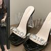 Super High Heels Rhinestone Thick Heel Sandals Hate Sky High PVC Transparent Crystal Slippers Waterproof Table Model Catwalk Women's Shoes