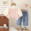 0-5-year-old girls' long sleeved 3-piece set, Girls' cherry patterned sweater vest, lapel shirt+casual pants set