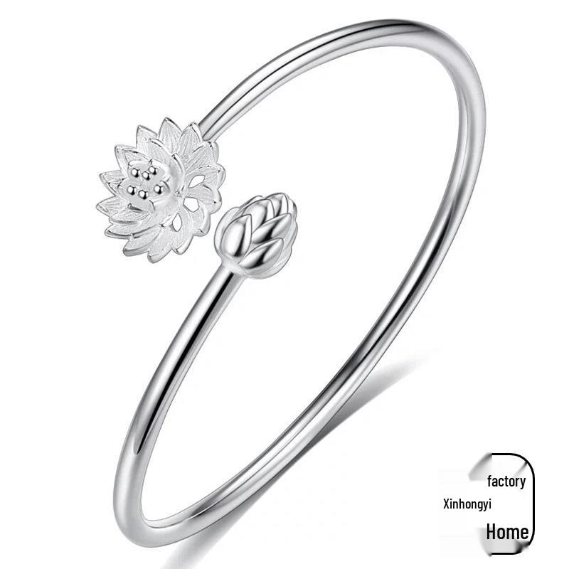 

Silver Lotus Floral Bangle: Polished Ethnic Hinged Bracelet for Women