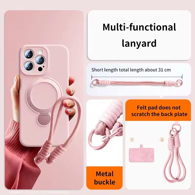 Magsafe Magnetic Bracket Liquid Silicone Phone Case For IPhone 13 14 15 16 17 Pro Max With Hanging Rope Anti fall Protective Cover