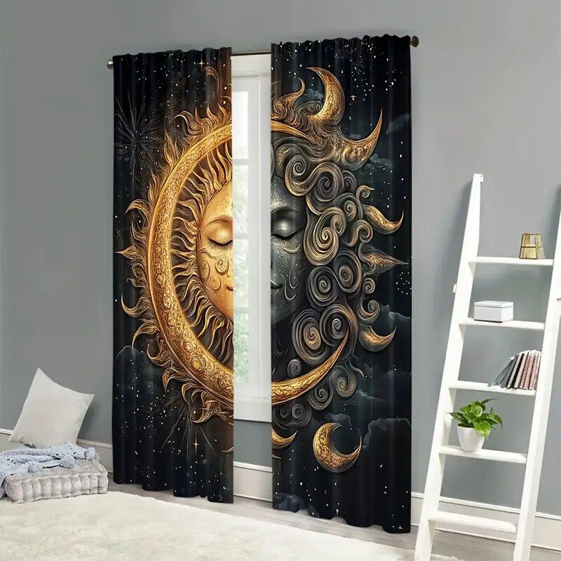 Set Of 2 Sun Moon Splicing Print Curtains Suitable Bedroom Living Room Kitchen Decoration Home Window Decor Curtain Polyester Perfect For Area