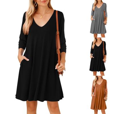 Damen 3/4 Ärmel Übergröße Lässig Herbstkleider V-Ausschnitt T-Shirt Langes Tunika-Kleid