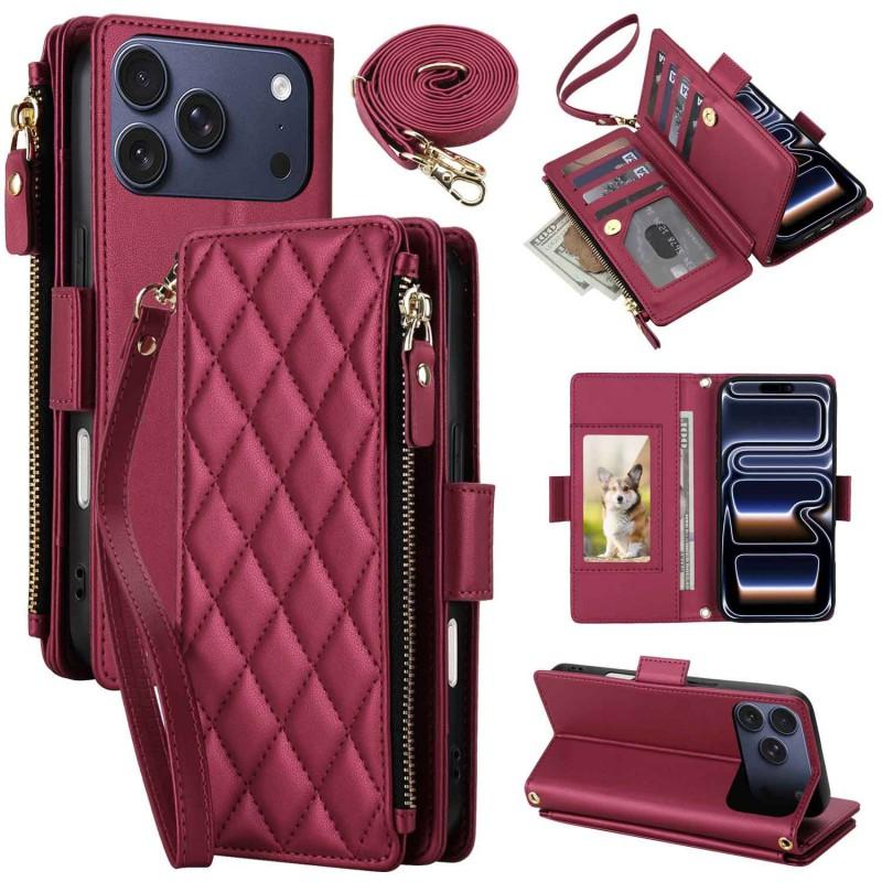 IPhone 17E 16 18 Pro Max Grid 9 Card Slot Crossbody Zipper Wallet Phone Case