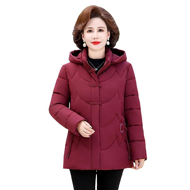 Women's Winter Puffer Cotton Padded Jacket Grandma Hooded Fleece Thick Parkas Warm Loose Retro Embroidery Snow Coat Loose Female