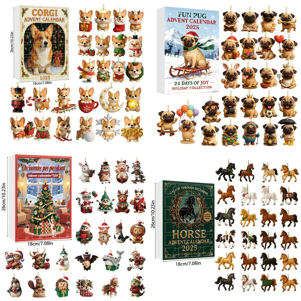 Christmas Pug Cat Horse Corgi Series Acrylic Advent Calendar With 24 Animal Figurines For Festive Decor
