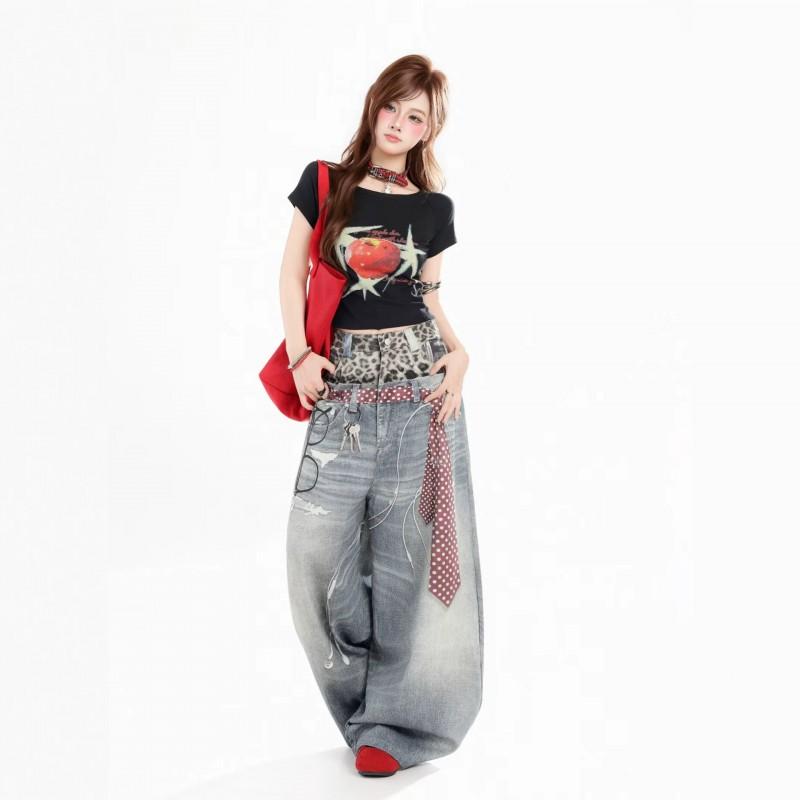 Unisex Wide Leg Denim Pants With 3D Print Leopard Patchwork Relaxed Fit Mid-Waist Stretch Cotton Jeans Streetwear