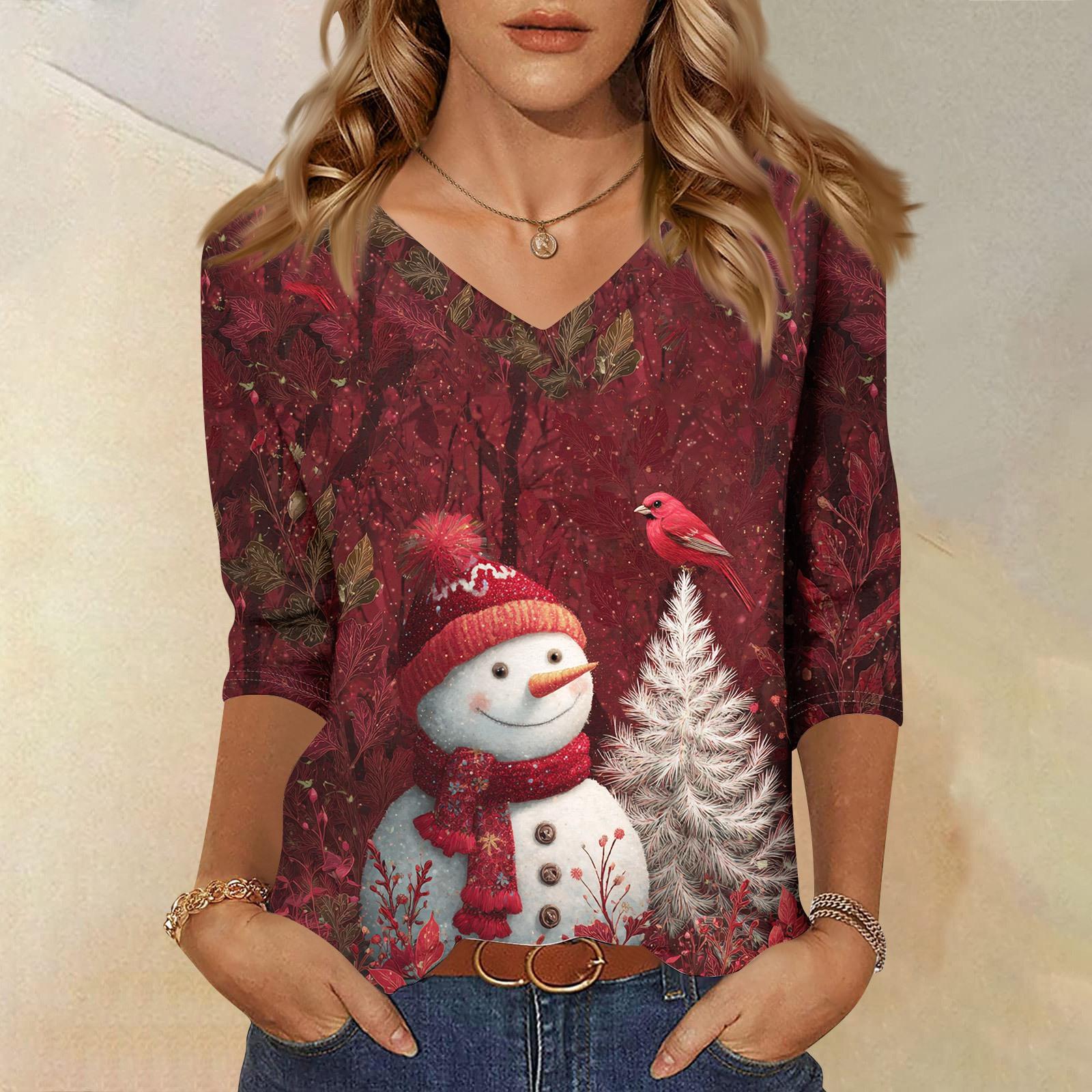 

Рубашки с рукавом 3/4 для женщин с принтом, Рождественские футболки, Блузки, Повседневные, Большого размера, Базовые топы, Пуловер XL