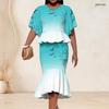 Women Plus Size Crew Neck Turquoise Gradient Palm Printed Batwing Sleeve Ruffle Hem Top Fishtail Skirt Two Piece Set