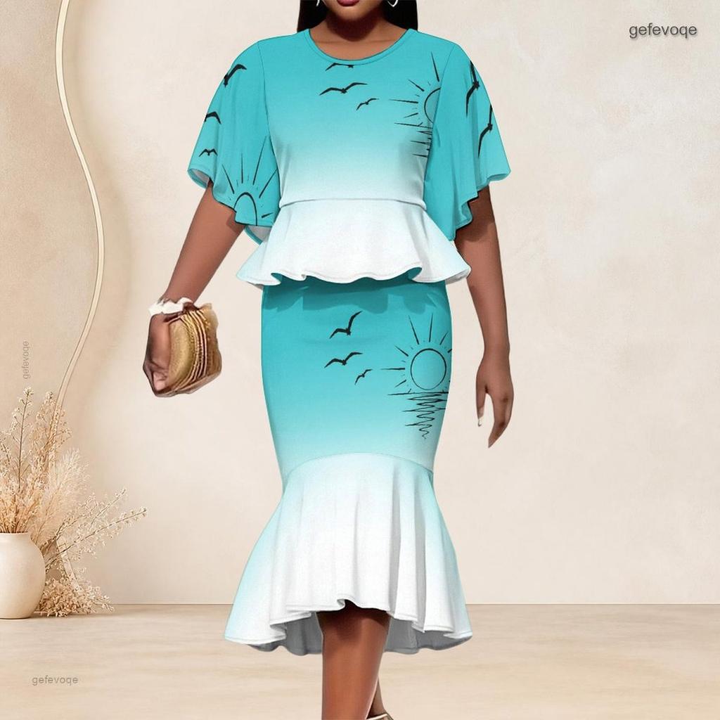 Women Plus Size Crew Neck Turquoise Gradient Palm Printed Batwing Sleeve Ruffle Hem Top Fishtail Skirt Two Piece Set