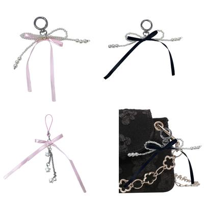 Cute Pearl Ribbon Bowknot Keychain Pendant Keyring Charm Lovely Hanging Decorations for Purse Bag Backpack Handbag