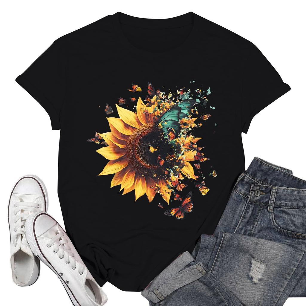 Women's Fashion Casual Printed Short Sleeve Round Neck Pullover Tops